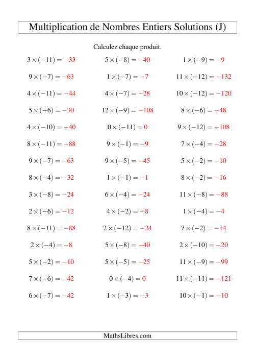 Multiplication de nombres entiers -- Positif multiplié par négatif (45 par page) (J) page 2