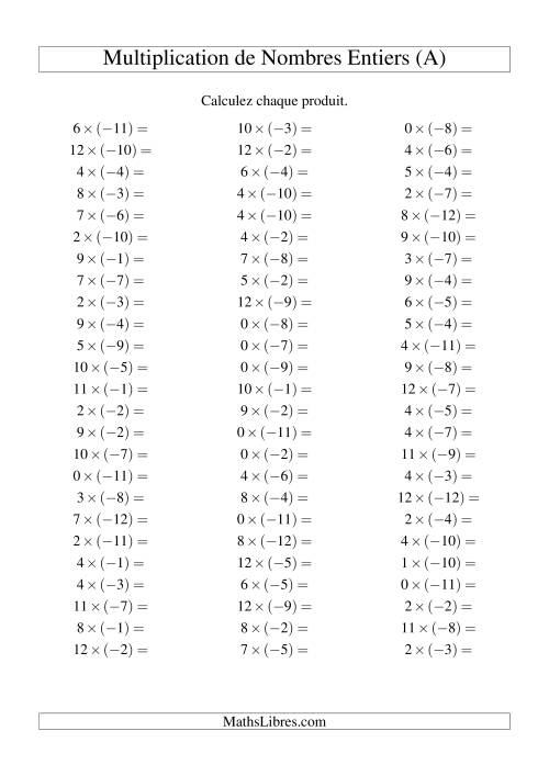 Multiplication de nombres entiers -- Positif multiplié par négatif (75 par page) (Tout)