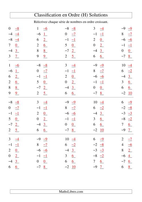 Classification en ordre des nombres entiers (-9 à 9) (H) page 2