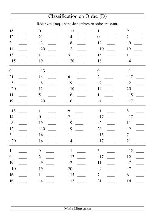 Classification en ordre des nombres entiers (-20 à 20) (D)