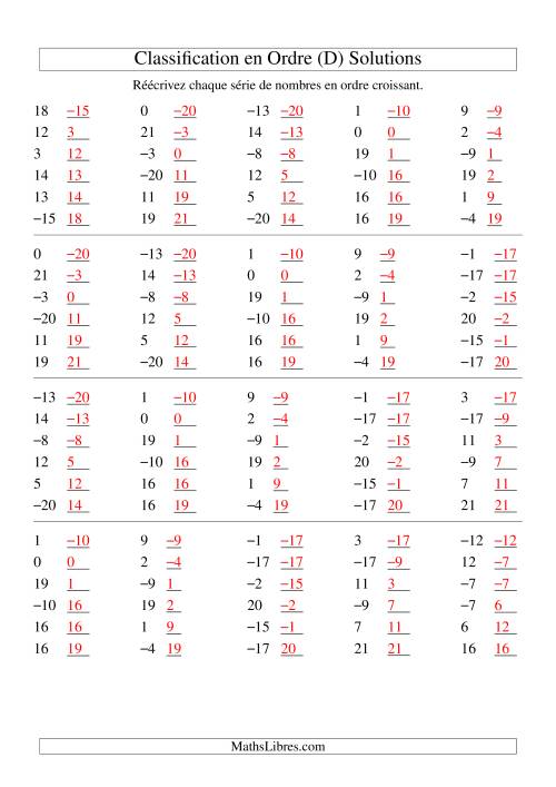 Classification en ordre des nombres entiers (-20 à 20) (D) page 2