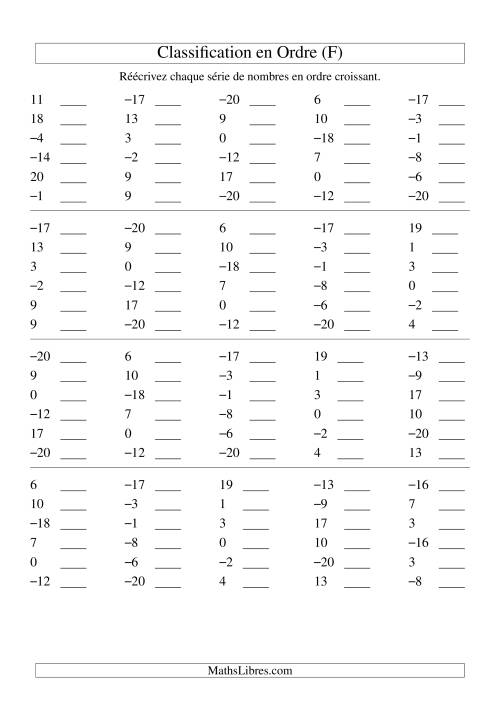 Classification en ordre des nombres entiers (-20 à 20) (F)