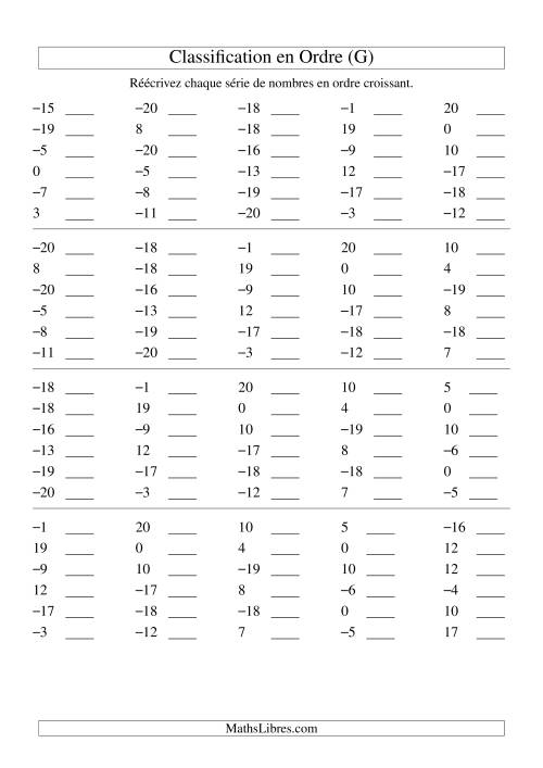 Classification en ordre des nombres entiers (-20 à 20) (G)