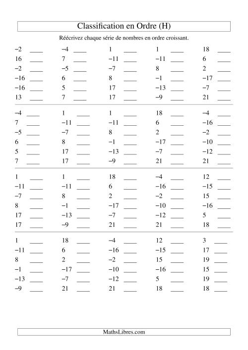 Classification en ordre des nombres entiers (-20 à 20) (H)