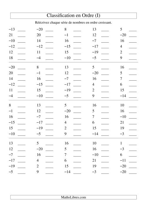 Classification en ordre des nombres entiers (-20 à 20) (I)