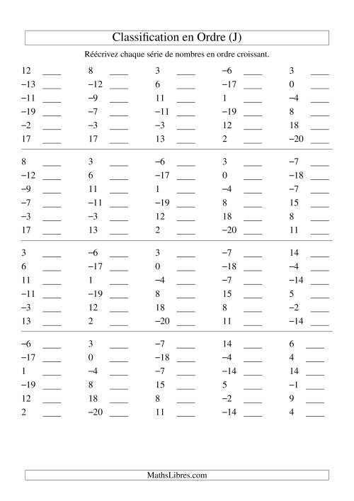 Classification en ordre des nombres entiers (-20 à 20) (J)