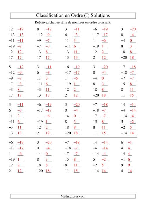 Classification en ordre des nombres entiers (-20 à 20) (J) page 2