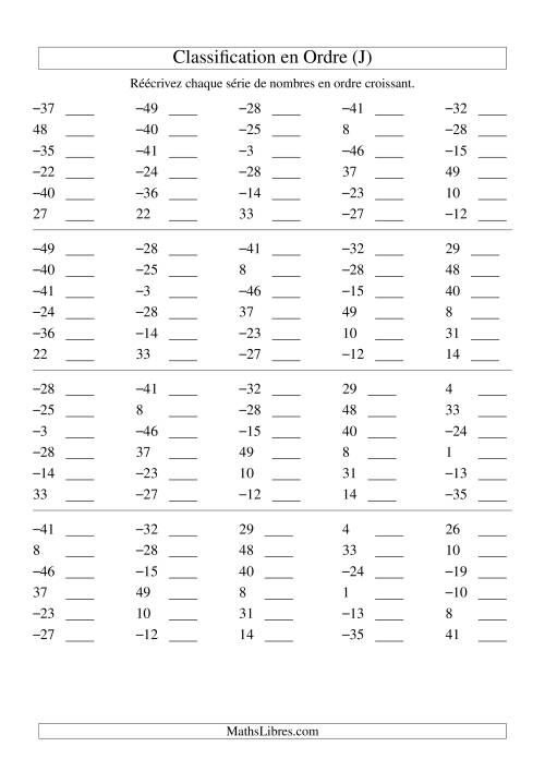 Classification en ordre des nombres entiers (-50 à 50) (J)