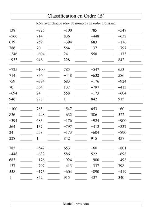 Classification en ordre des nombres entiers (-999 à 999) (B)