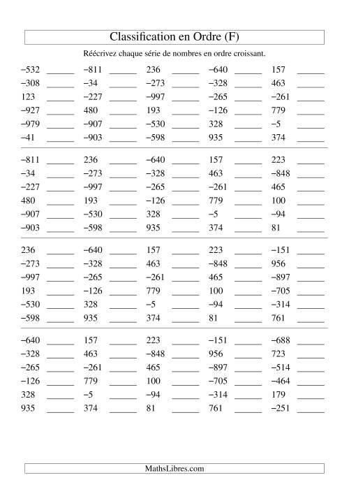 Classification en ordre des nombres entiers (-999 à 999) (F)