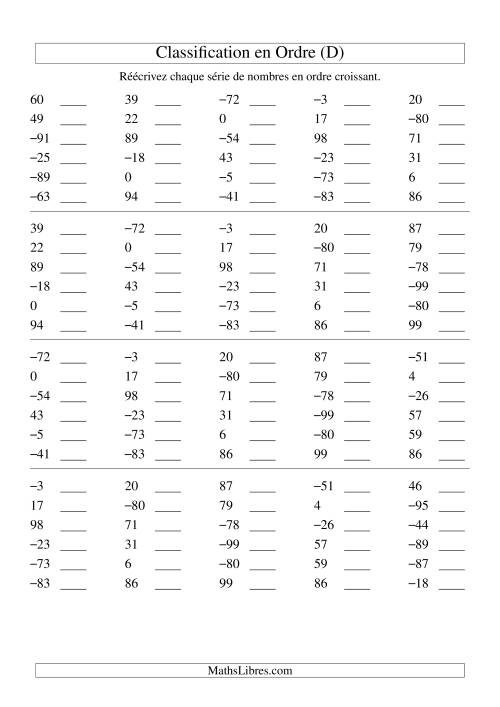 Classification en ordre des nombres entiers (-99 à 99) (D)