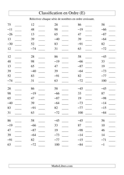 Classification en ordre des nombres entiers (-99 à 99) (E)