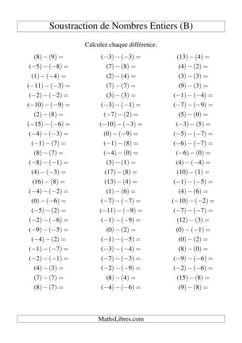 Soustraction de nombres entiers de (-9) à 9 (75 par page) (B)