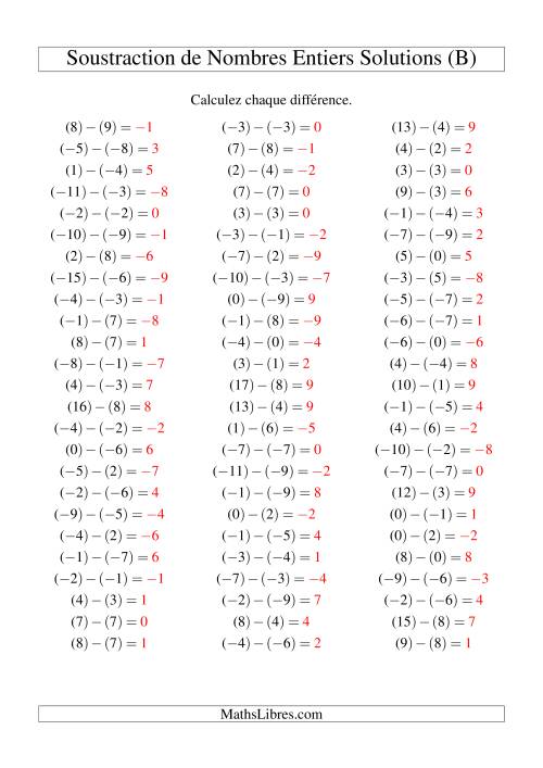 Soustraction de nombres entiers de (-9) à 9 (75 par page) (B) page 2