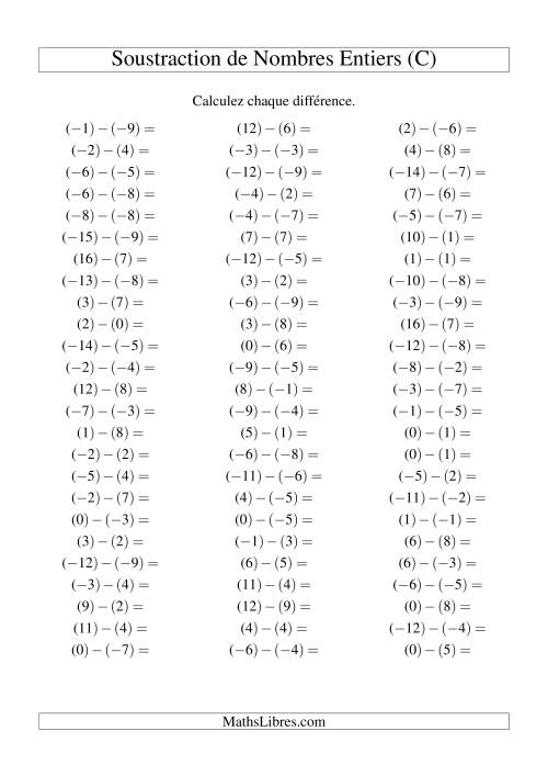 Soustraction de nombres entiers de (-9) à 9 (75 par page) (C)