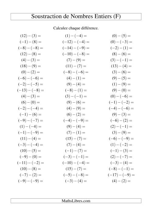 Soustraction de nombres entiers de (-9) à 9 (75 par page) (F)