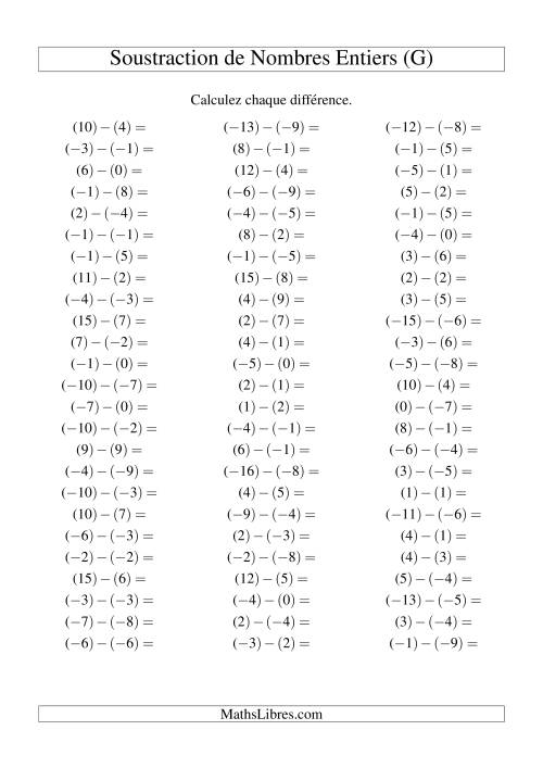 Soustraction de nombres entiers de (-9) à 9 (75 par page) (G)