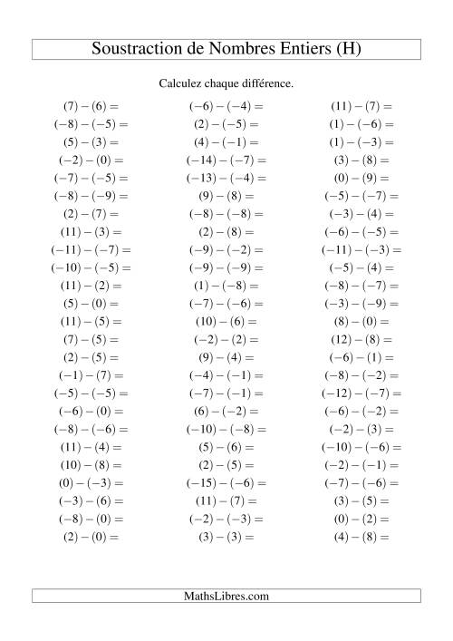 Soustraction de nombres entiers de (-9) à 9 (75 par page) (H)