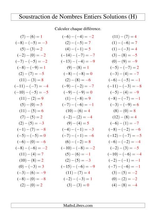 Soustraction de nombres entiers de (-9) à 9 (75 par page) (H) page 2