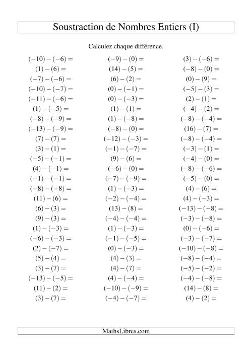 Soustraction de nombres entiers de (-9) à 9 (75 par page) (I)