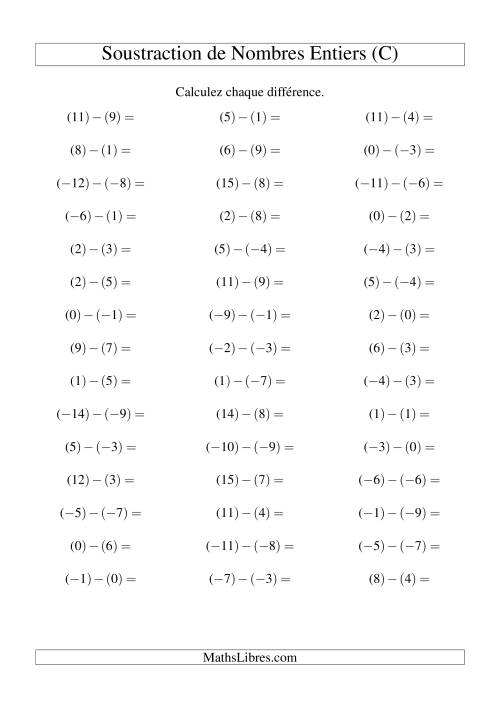 Soustraction de nombres entiers de (-9) à 9 (45 par page) (C)