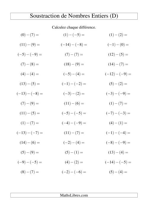 Soustraction de nombres entiers de (-9) à 9 (45 par page) (D)
