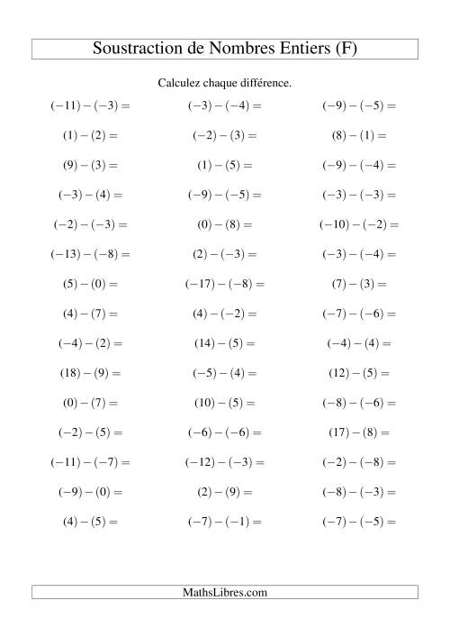 Soustraction de nombres entiers de (-9) à 9 (45 par page) (F)