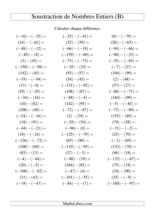 Soustraction de nombres entiers de (-99) à 99 (75 par page) (B)