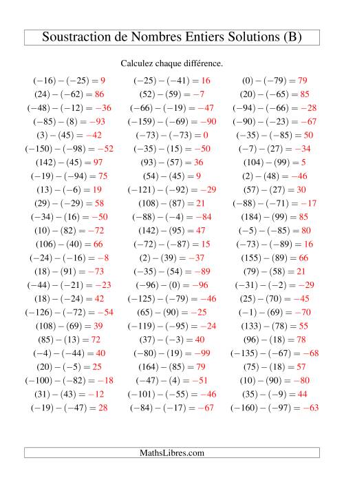 Soustraction de nombres entiers de (-99) à 99 (75 par page) (B) page 2