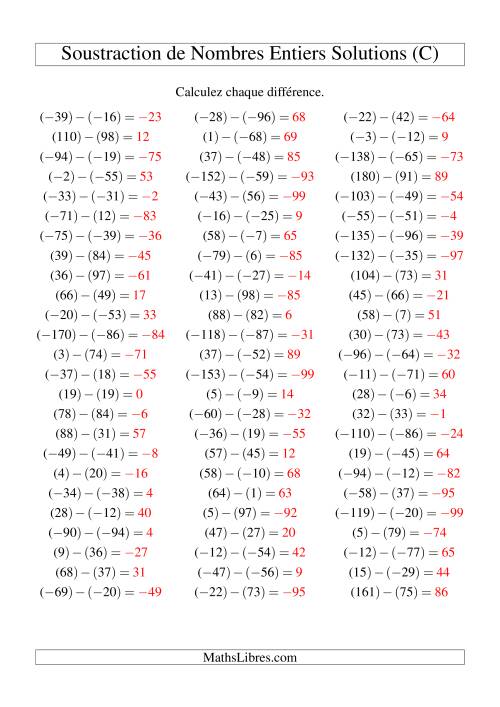 Soustraction de nombres entiers de (-99) à 99 (75 par page) (C) page 2