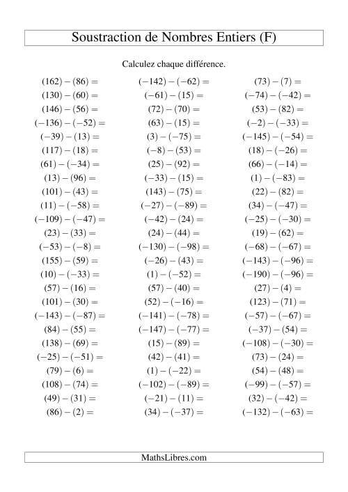 Soustraction de nombres entiers de (-99) à 99 (75 par page) (F)