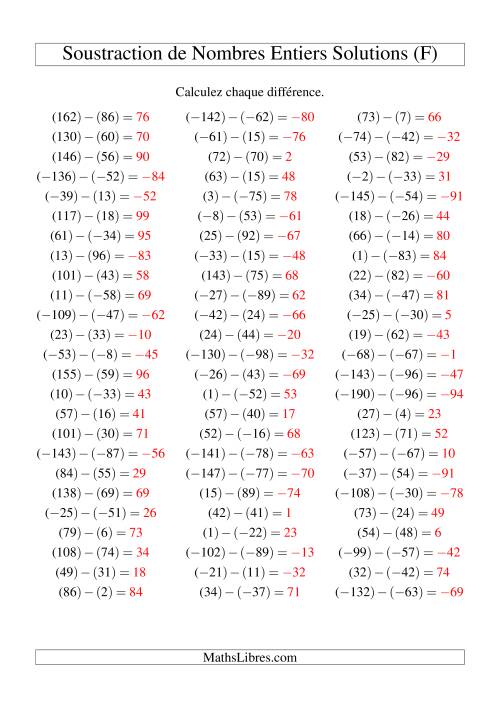 Soustraction de nombres entiers de (-99) à 99 (75 par page) (F) page 2