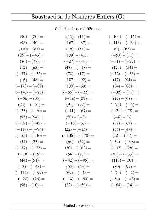 Soustraction de nombres entiers de (-99) à 99 (75 par page) (G)