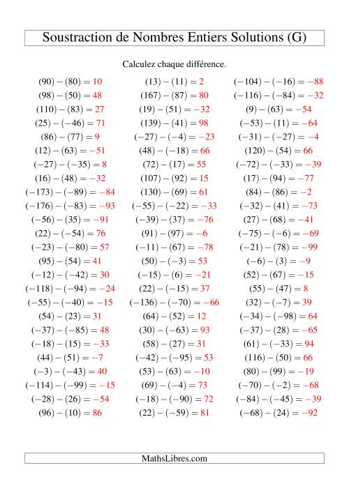 Soustraction de nombres entiers de (-99) à 99 (75 par page) (G) page 2