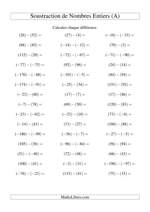 Soustraction de nombres entiers de (-99) à 99 (45 par page) (A)
