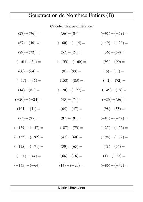 Soustraction de nombres entiers de (-99) à 99 (45 par page) (B)