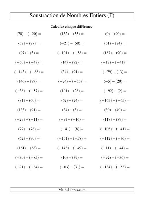 Soustraction de nombres entiers de (-99) à 99 (45 par page) (F)