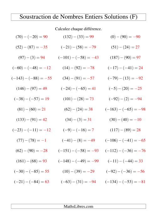 Soustraction de nombres entiers de (-99) à 99 (45 par page) (F) page 2