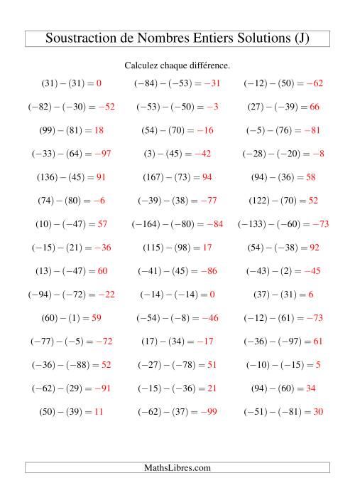 Soustraction de nombres entiers de (-99) à 99 (45 par page) (J) page 2