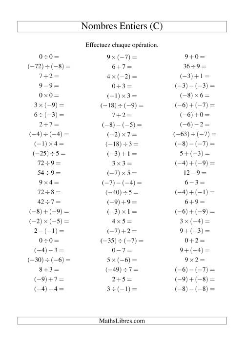 Opérations sur les nombres entiers de (-9) à 9 (75 par page) (C)