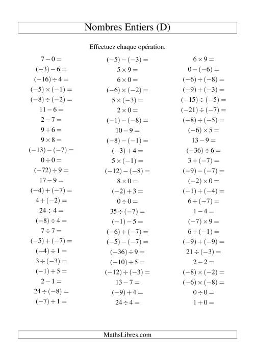 Opérations sur les nombres entiers de (-9) à 9 (75 par page) (D)