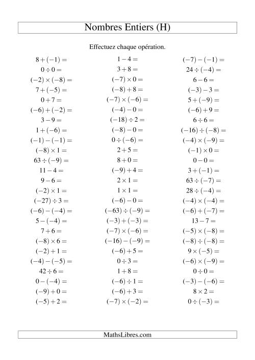 Opérations sur les nombres entiers de (-9) à 9 (75 par page) (H)