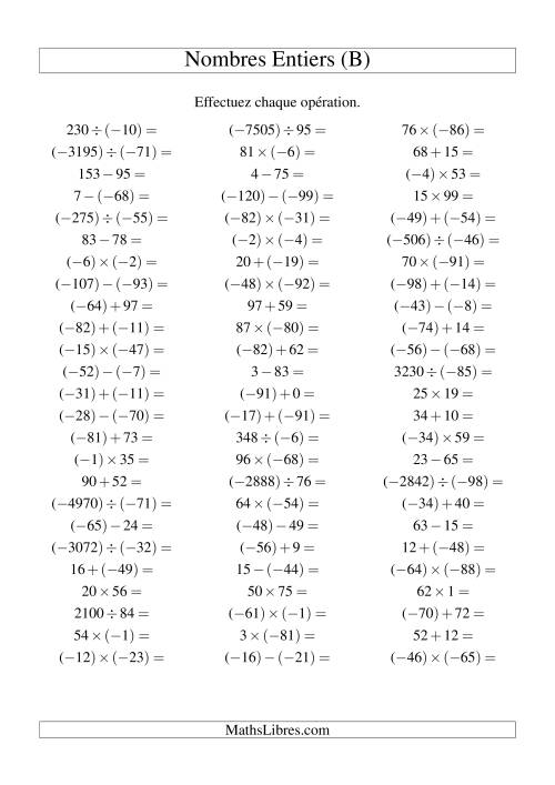 Opérations sur les nombres entiers de (-99) à 99 (75 par page) (B)