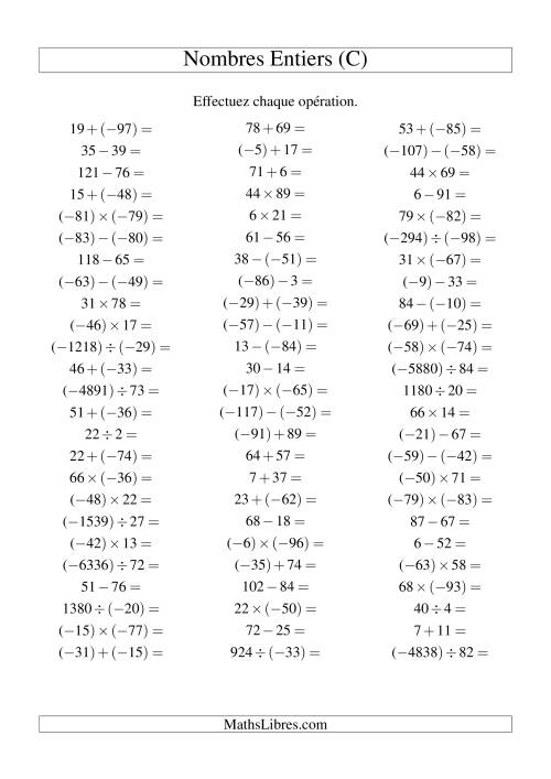 Opérations sur les nombres entiers de (-99) à 99 (75 par page) (C)