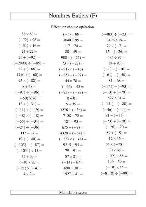 Opérations sur les nombres entiers de (-99) à 99 (75 par page) (F)