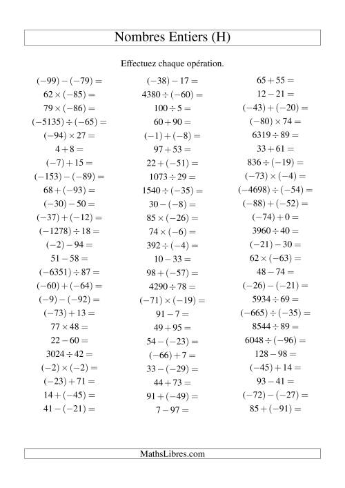Opérations sur les nombres entiers de (-99) à 99 (75 par page) (H)