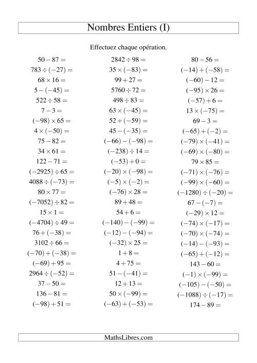Opérations sur les nombres entiers de (-99) à 99 (75 par page) (I)