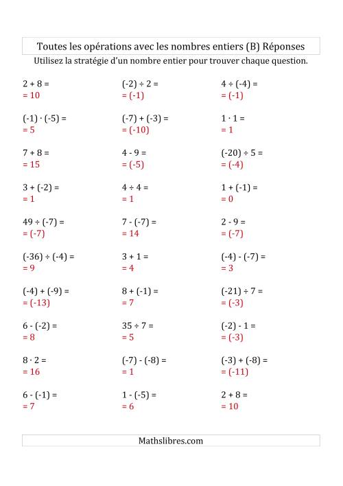 Toutes les Opérations avec des Nombres Entiers de -9 à 9 (Parenthèses sur les Nombres Négatifs) (B) page 2
