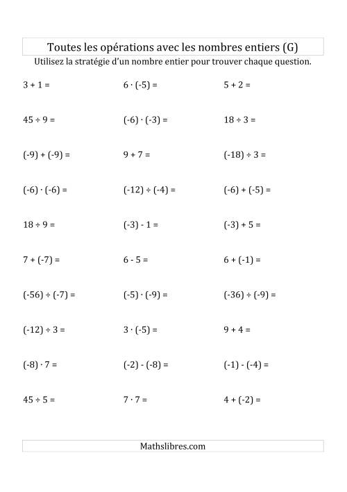 Toutes les Opérations avec des Nombres Entiers de -9 à 9 (Parenthèses sur les Nombres Négatifs) (G)