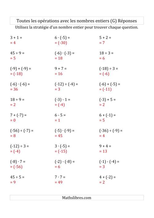 Toutes les Opérations avec des Nombres Entiers de -9 à 9 (Parenthèses sur les Nombres Négatifs) (G) page 2